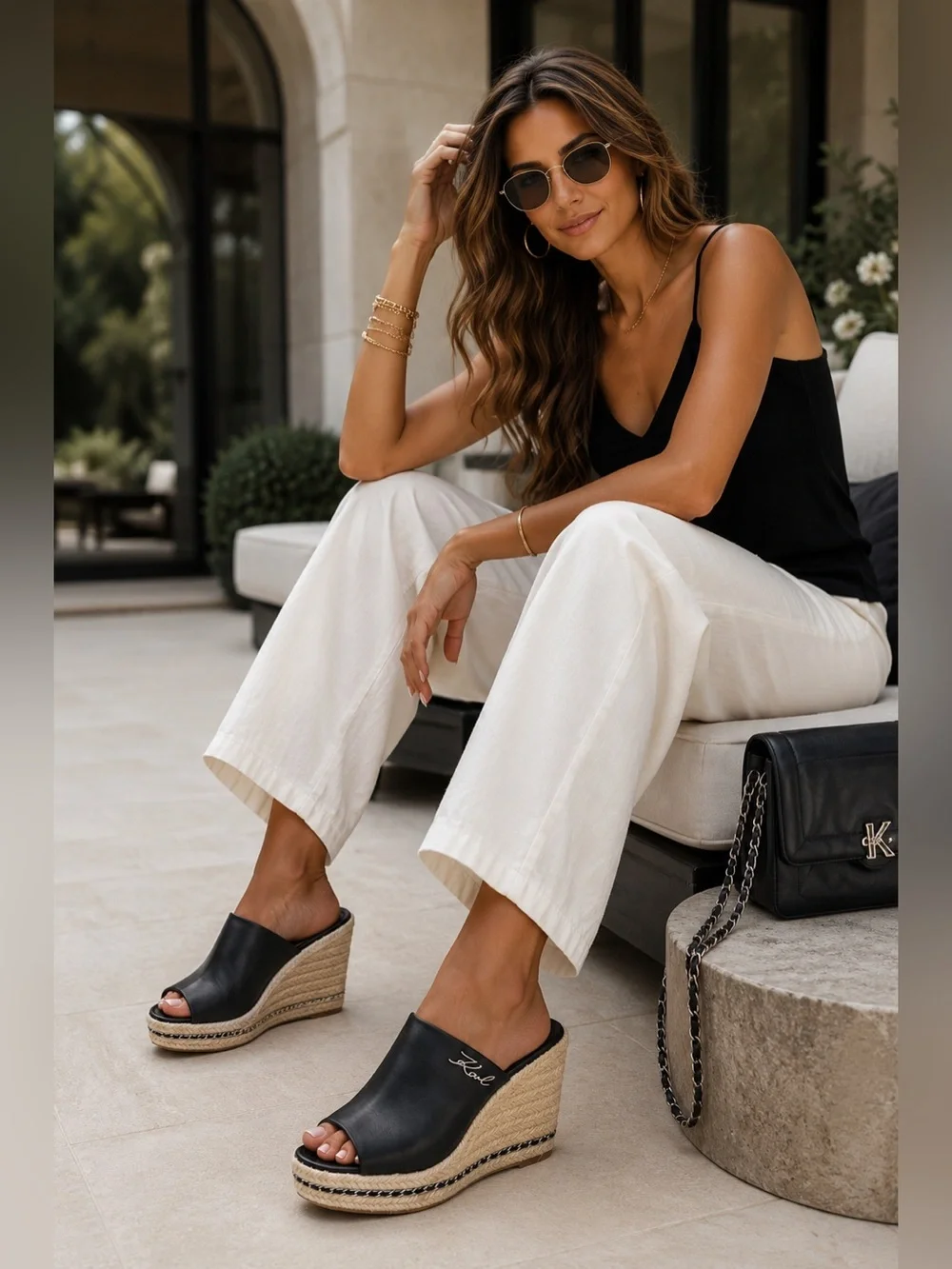 KARL LAGERFELD Corissa Black Leather Espadrille Platform Wedge Sandals 8.5 Women